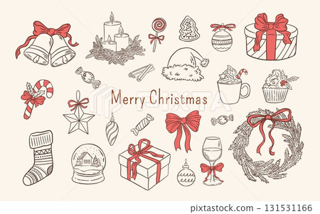 Hand draw retro Merry Christmas set. Xmas decorations, wreath, Santa hat, gift box, bell, candles, bow vector illustrations. Happy New Year Hand draw retro Merry Christmas set. Xmas decorations, wreath, Santa hat, gift box, bell, candles, bow vector illustrations. Happy New Year 131531166