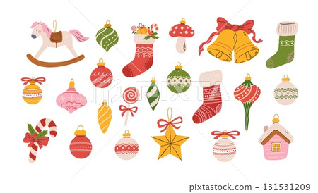Hand drawn Christmas holiday set with bauble, toy, decoration, bell, stocking, star and festive treats. New Year vector illustration. Winter clipart Hand drawn Christmas holiday set with bauble, toy, decoration, bell, stocking, star and festive treats. New Year vector illustration. Winter clipart 131531209