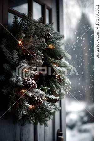 Christmas wreath on door, soft snow dusting 131531311