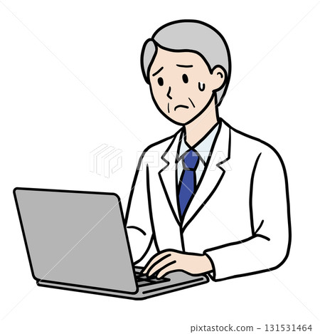 穿著白大褂的老人在電腦上工作（陷入困境） 131531464