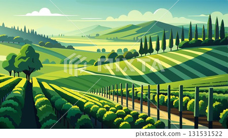 Rows of lush grapevines stretch across a sun-drenched hillside, their vibrant green leaves creating a picturesque vineyard scene that evokes feelings of tranquility, abundance, and the simple beauty Rows of lush grapevines stretch across a sun-drenched hillside, their vibrant green leaves creating a picturesque vineyard scene that evokes feelings of tranquility, abundance, and the simple beauty 131531522