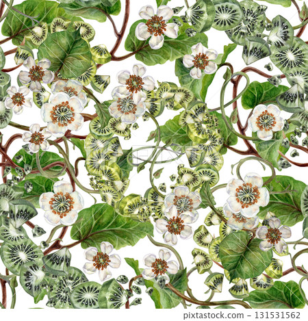 White blooming flowers, green kiwi leaves on a seamless pattern on a white background. Spring botanical template for home, children's, kitchen textiles, wrapping, wallpapers, for drinks, food design 131531562