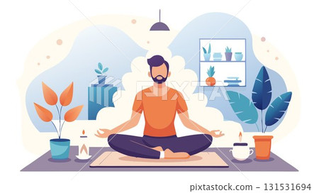 A holistic meditation studio concept integrating various wellness practices, such as yoga, aromatherapy, and sound healing, into its offerings, creating a comprehensive and holistic approach to stres 131531694