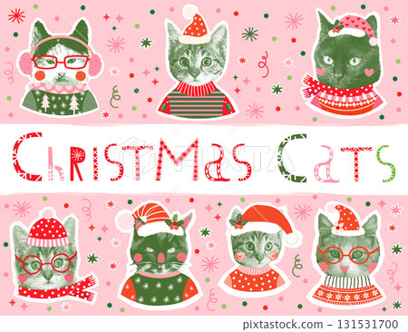 Cute and funny vector Christmas cat faces, Half tone collage designs for holiday banners and greeting cards 131531700