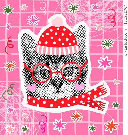 Funny and cute vector kitten face with a hat and a scarf, Christmas fun background with stars and snowflakes for holiday designs,  posters and greeting cards 131531704