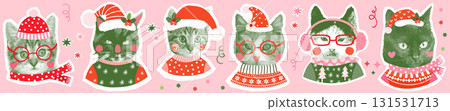 Funny vector cat faces with hats and scarves and ugly Christmas sweaters, Half tone retro collage style kitties 131531713