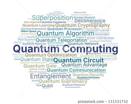 Quantum Computing Word Cloud. Composition Of Terms Related To Qubits, Algorithms, Error Correction, Quantum States, Cryptography, And Computational Breakthroughs. Quantum Computing Word Cloud. Composition Of Terms Related To Qubits, Algorithms, Error Correction, Quantum States, Cryptography, And Computational Breakthroughs. 131531732