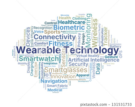 Wearable Technology Word Cloud. Key Concepts On Smart Devices, Sensors, Healthcare, Fitness, Connectivity, Data, Innovation, And Artificial Intelligence Applications. Wearable Technology Word Cloud. Key Concepts On Smart Devices, Sensors, Healthcare, Fitness, Connectivity, Data, Innovation, And Artificial Intelligence Applications. 131531733