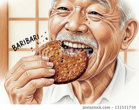 Illustration of a smiling elderly man eating soy sauce rice crackers Illustration of a smiling elderly man eating soy sauce rice crackers 131531739