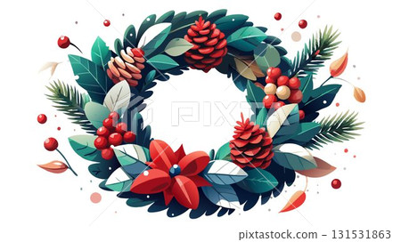 This traditional Christmas wreath, crafted from natural pinecones and red berries, captures the essence of rustic charm and holiday spirit, its warm colors and organic textures creating a heartwarmin 131531863