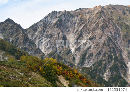 Fukiya no Tsurugi and Tengu no Ookudari seen from the Happo-one Nature Study Trail in autumn foliage, Hakuba Village, Nagano Prefecture 131531974