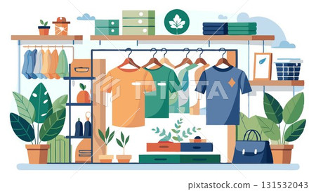 A sustainable clothing store concept showcasing a curated collection of ethically made clothing, using eco-friendly materials and sustainable production practices, creating a welcoming atmosphere and 131532043
