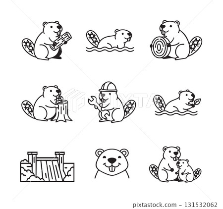 Charming beaver vector set depicting the industrious animal working, swimming, holding logs, and building a dam. Charming beaver vector set depicting the industrious animal working, swimming, holding logs, and building a dam. 131532062