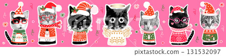 Cute and funny vector collage cats, half tone digital kitty designs with ugly Christmas sweaters and Santa hats for cards, banners Cute and funny vector collage cats, half tone digital kitty designs with ugly Christmas sweaters and Santa hats for cards, banners 131532097