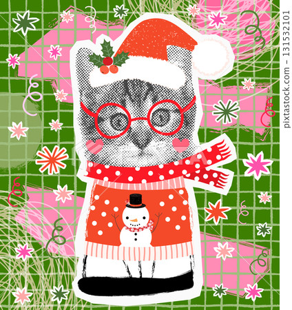 Funny kitty collage vector illustration, cat with Santa Claus and ugly Christmas sweater, holiday poster, banner design 131532101