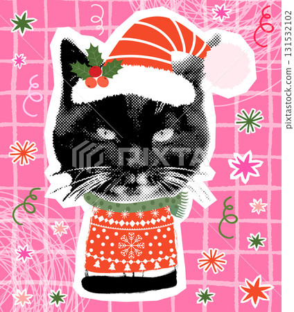 Fun black cat vector half tone collage, Hipster animal with ugly Christmas sweater design for banners, flyers and greeting cards Fun black cat vector half tone collage, Hipster animal with ugly Christmas sweater design for banners, flyers and greeting cards 131532102