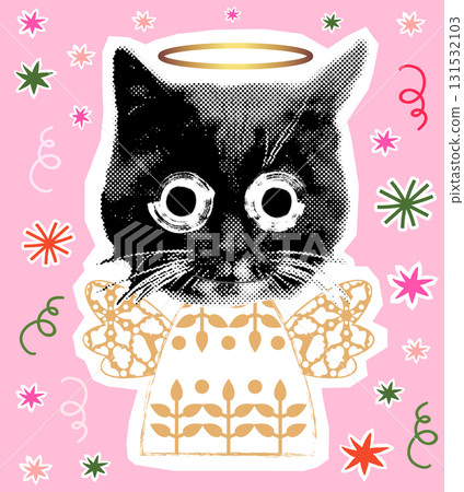 Funny black cat, comic vector angel kitty, fun Christmas holiday design for greeting cards and posters Funny black cat, comic vector angel kitty, fun Christmas holiday design for greeting cards and posters 131532103