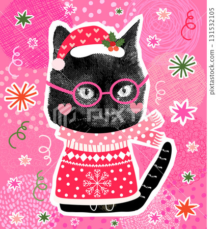 Funny vector black cat with ugly Christmas sweater, Santa hat, scarf and pink glasses, halftone collage style holiday poster, banner or greeting card 131532105