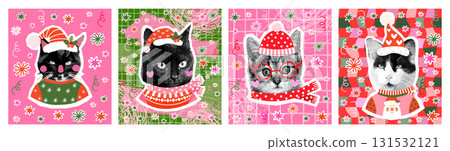 Funny vector posters and greeting cards with cute cats with ugly Christmas sweaters, halftone collage graphics 131532121