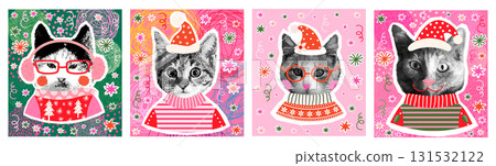 Fun colorful vector greeting cards, posters with cute funny cats with ugly Christmas sweaters, halftone collage Fun colorful vector greeting cards, posters with cute funny cats with ugly Christmas sweaters, halftone collage 131532122
