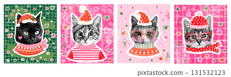 Fun vector greeting cards, banners, posters with cute and funny cats with ugly Christmas sweaters and Santa Claus hats 131532123