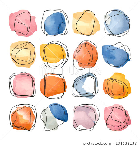 Colorful abstract art with circular shapes and soft watercolors on a white background, perfect for creative spaces or modern design 131532138