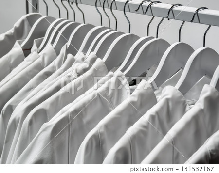 White medical gowns arranged on hangers in a clothing store display 131532167