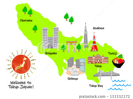 可愛的手繪東京旅遊景點地圖 131532172