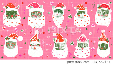 Cute Santa Claus vector cat heads, faces, halftone Christmas art collage for greeting cards, pet stores and products 131532184
