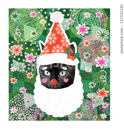 Cute vector black cat with beard and a Santa hat on a green Christmas background Cute vector black cat with beard and a Santa hat on a green Christmas background 131532192