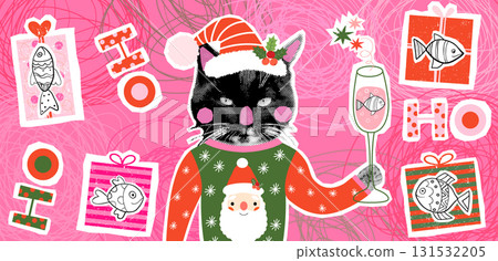 Funny black vector cat with ugly Christmas sweater holding a drink holiday greeting card, banner or poster design concept 131532205