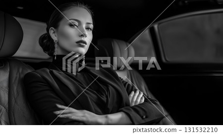A scene of an elegant woman sitting in the back seat of a luxury car 131532210