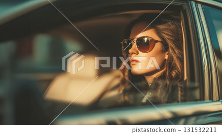 一位優雅的女士坐在豪華轎車後座的場景 一位優雅的女士坐在豪華轎車後座的場景 131532211