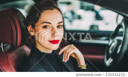 A scene of an elegant woman sitting in the back seat of a luxury car 131532212