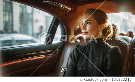 A scene of an elegant woman sitting in the back seat of a luxury car 131532213