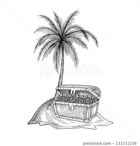 Treasure Island. Black and white graphics, hand-drawn vector illustration. An old chest with gold coins on an island under a palm tree. For children s games, celebrations, stickers, posters, banners. 131532236