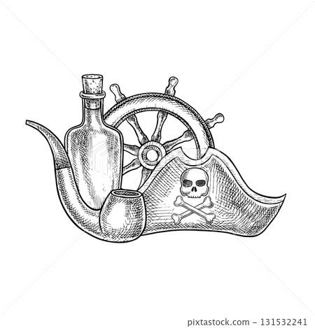 Marine pirate theme. Black and white graphics, handmade vector illustrations. Pirate s hat, ship s wheel, smoking pipe, and bottle of rum. For stickers, posters, banners, packaging, and more. Marine pirate theme. Black and white graphics, handmade vector illustrations. Pirate s hat, ship s wheel, smoking pipe, and bottle of rum. For stickers, posters, banners, packaging, and more. 131532241