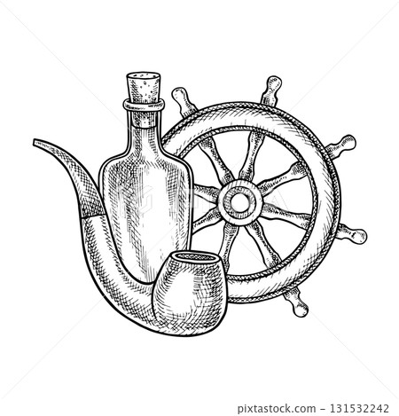 Ship steering wheel, smoking pipe and bottle of rum. Black and white graphics, handmade vector illustrations. Nautical theme. For stickers, invitation cards, posters and banners, packaging and more. 131532242