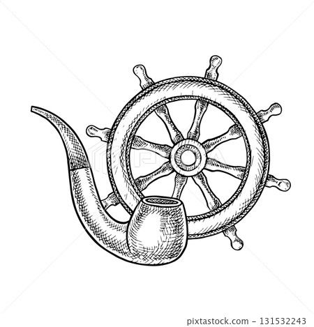 Ship s steering wheel and a smoking pipe. Black and white graphics, hand-drawn vector illustrations. Marine theme. For stickers, invitation cards, posters and banners, packaging, and more. Ship s steering wheel and a smoking pipe. Black and white graphics, hand-drawn vector illustrations. Marine theme. For stickers, invitation cards, posters and banners, packaging, and more. 131532243