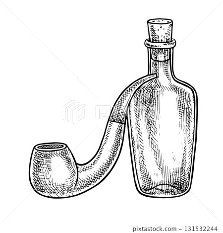 Bottle of alcoholic beverage and smoking pipe. Vector graphic illustration. Hand-drawn black and white image. Ideal for posters, banners, flyers, packaging, and labels. Bottle of alcoholic beverage and smoking pipe. Vector graphic illustration. Hand-drawn black and white image. Ideal for posters, banners, flyers, packaging, and labels. 131532244