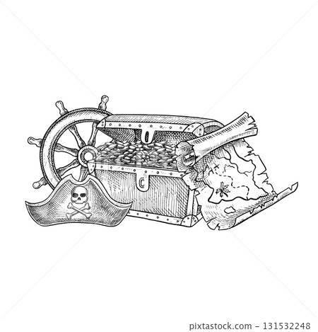 Treasure Island. Black and white graphics, hand-drawn vector illustrations. Medieval sea voyage. Pirate theme. For children s games and celebrations. For stickers, posters, banners, and more. 131532248