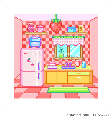 Pixel Art Pastel Kitchen Background. Cute Strawberry-Theme Retro 8-Bit Interior with Pink Checkered Walls, Vintage Fridge, Open Shelves, Window with Curtains, Sink and Dishes, Cozy Cabinets 131532274