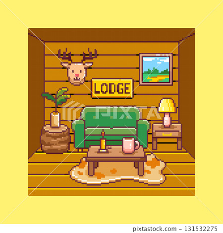 Pixel Art Rustic Lodge Living Room Background. Retro 8-Bit Cabin Interior with Green Sofa, Deer Trophy, Wood Walls, Warm Lamp and Side Table, Coffee Table with Candle and Mug, Potted Plant, Hide Rug 131532275