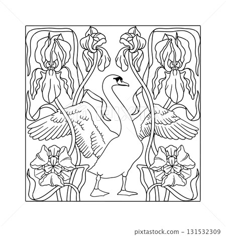 Art nouveau style modern hand drawn elegant swan and iris flowers symmetrical composition for coloring page Art nouveau style modern hand drawn elegant swan and iris flowers symmetrical composition for coloring page 131532309