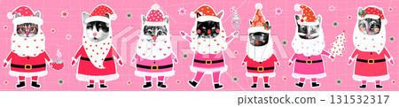 Funny hipster Santa Claus cats, vector halftone Christmas collage kitty illustrations for graphic design, banners, greeting cards 131532317