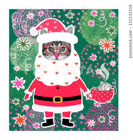 Cute Santa Claus vector kitty collage with cute cat with eyeglasses, beard, Santa hat and coffee, Christmas illustration collage banner or poster 131532318