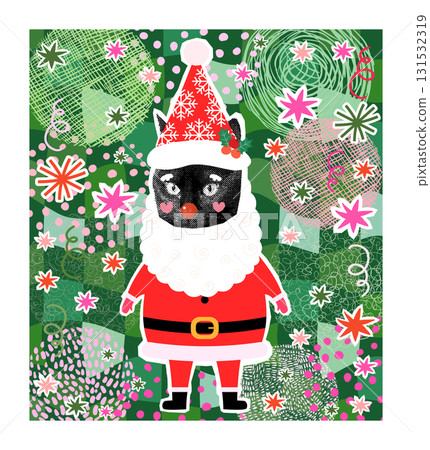Funny Black Cat Santa Claus, Vector halftone Christmas collage for greeting cards, banners and posters 131532319
