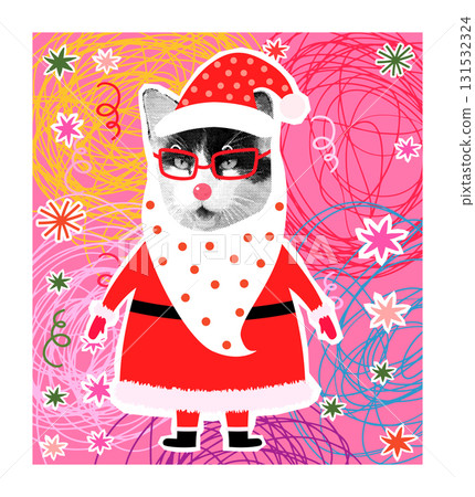 Funny cat with mustache, beard and eyeglasses in Santa Claus costume, Cute greeting card, poster or banner 131532324