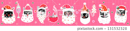 Fun and cute vector hipster Santa Claus cat faces, Halftone collage Christmas kitty faces banner, posters 131532328
