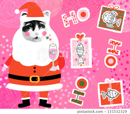 Funny humorous Santa Claus cute vector cat, gift boxes with fish, holiday greeting card, poster or banner 131532329